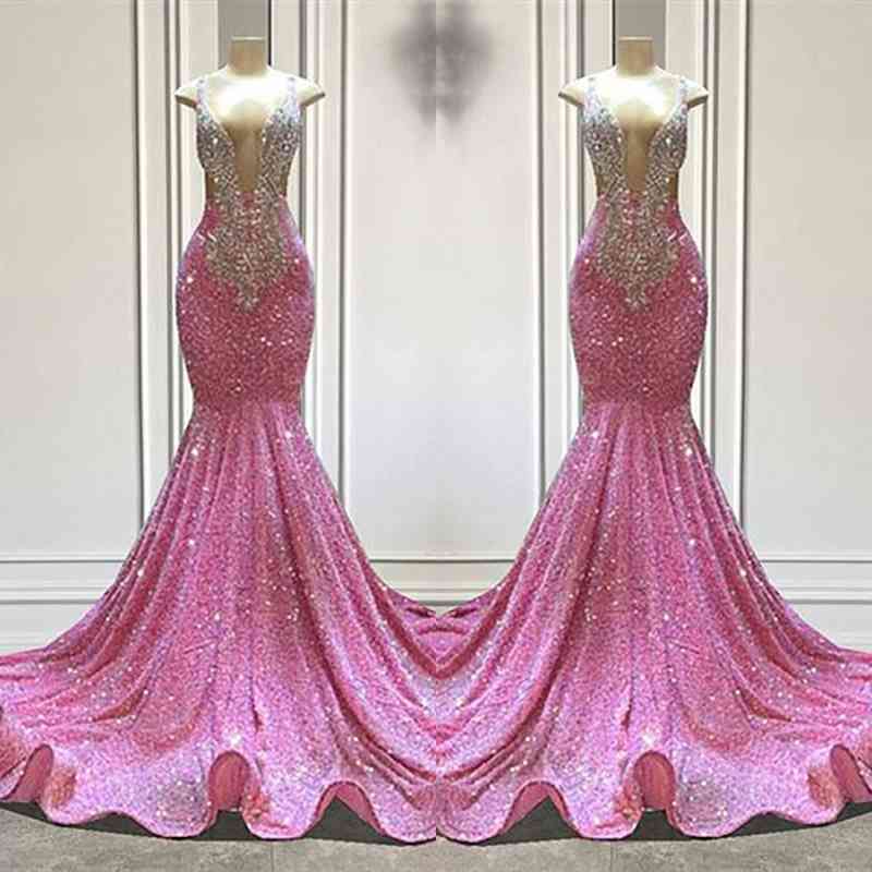 Chicloth V-Neck Pink Prom Dress Mermaid Sleeveless With Beads
