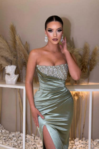 Chicloth Dusty Sage Sweetheart Prom Dress Mermaid Slit Long With Beads