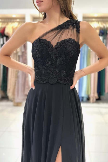 Chicloth One Shoulder Black Prom Dress A-Line With Lace