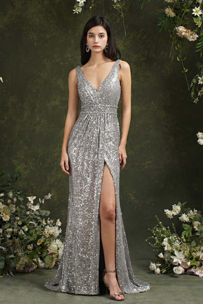 Chicloth Silver Sequins Bridesmaid Dress V-Neck Sleeveless With Slit