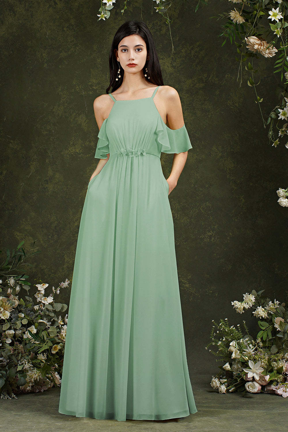 Chicloth Halter Chiffon Bridesmaid Dress Long WIth Ruffle