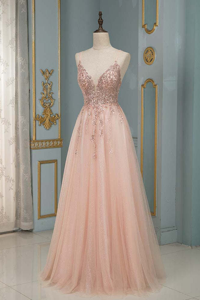 Chicloth Elegant Tulle Spaghetti Strap V-Neck Pink Prom Dress with Beading Appliques