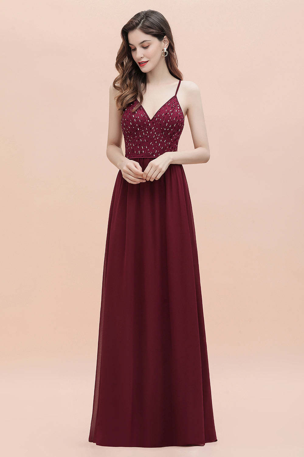 Chicloth Fabulous A-line Burgundy Chiffon Bridesmaid Dress V-Neck Spaghetti Straps Sequins Evening Dress