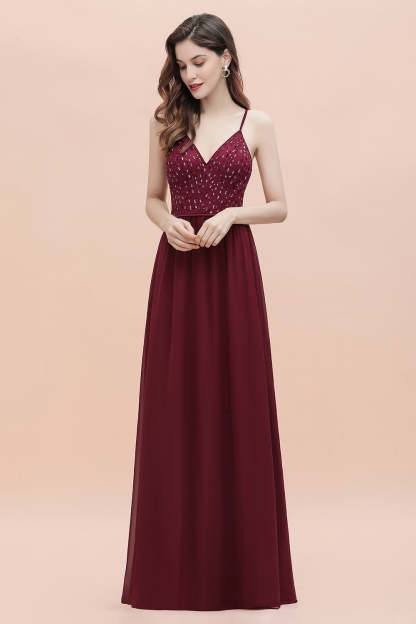 Chicloth Fabulous A-line Burgundy Chiffon Bridesmaid Dress V-Neck Spaghetti Straps Sequins Evening Dress