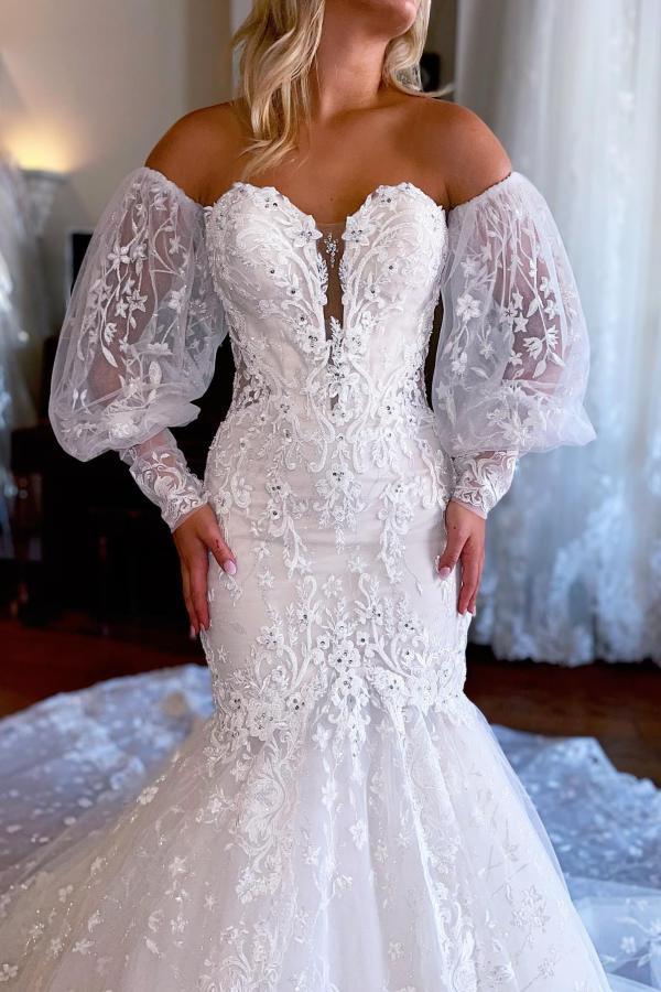 Sweetheart White Tulle Lace Bridal Gown Strapless Mermaid Wedding Dress