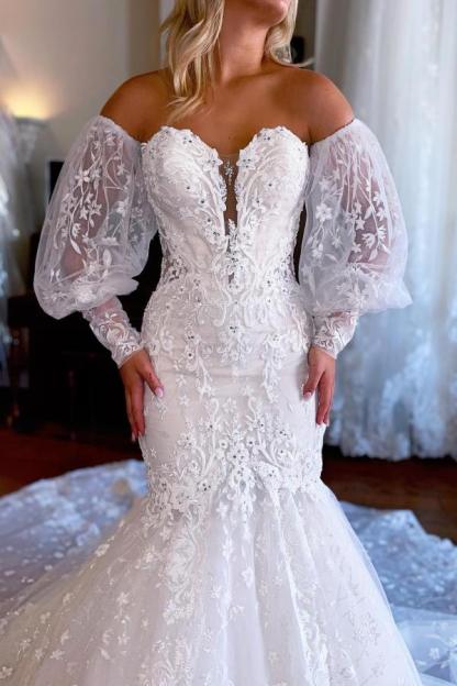Sweetheart White Tulle Lace Bridal Gown Strapless Mermaid Wedding Dress
