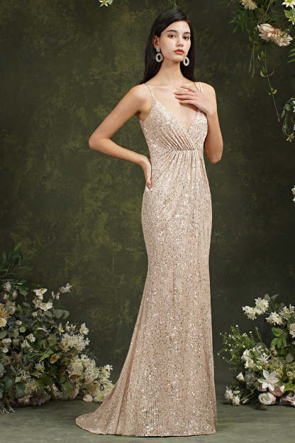 Chicloth Spaghetti-Straps Sequins Bridesmaid Dress Sleeveless