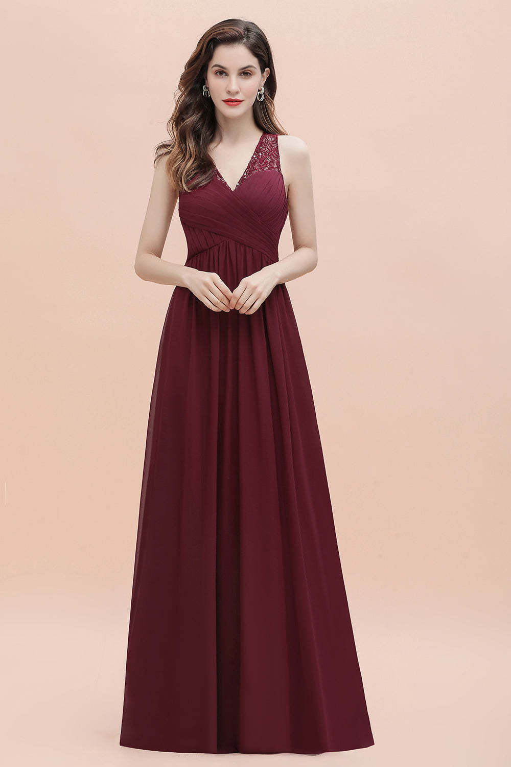 Chicloth Elegant V-Neck Lace Ruffles Bridesmaid Dress Sequins Burgundy Chiffon Evening Dress