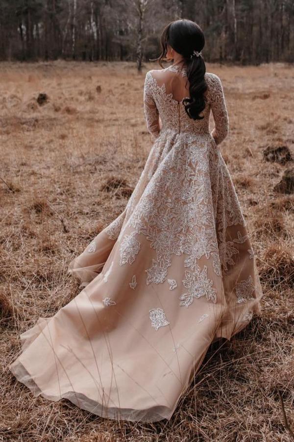 Chicloth Champagne Long Sleeves Wedding Dress Ball Gown With Appliques