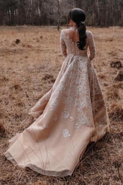 Chicloth Champagne Long Sleeves Wedding Dress Ball Gown With Appliques