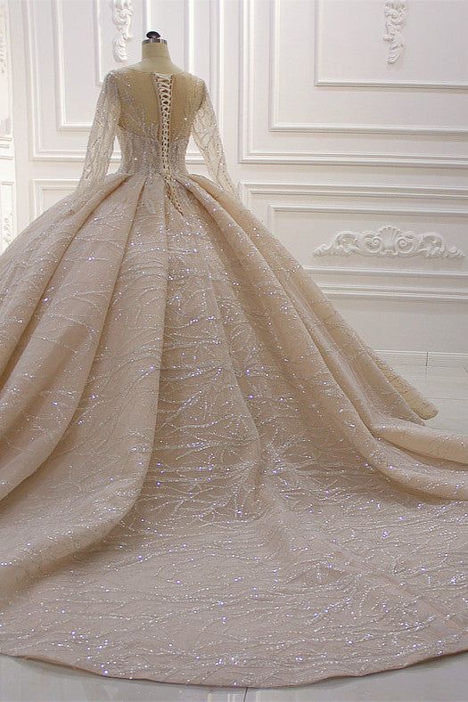 Chicloth Glamorous Ball Gown Tulle Jewel Wedding Dress Long Sleeves Ruffles Beadings Sequined Bridal Gowns Online