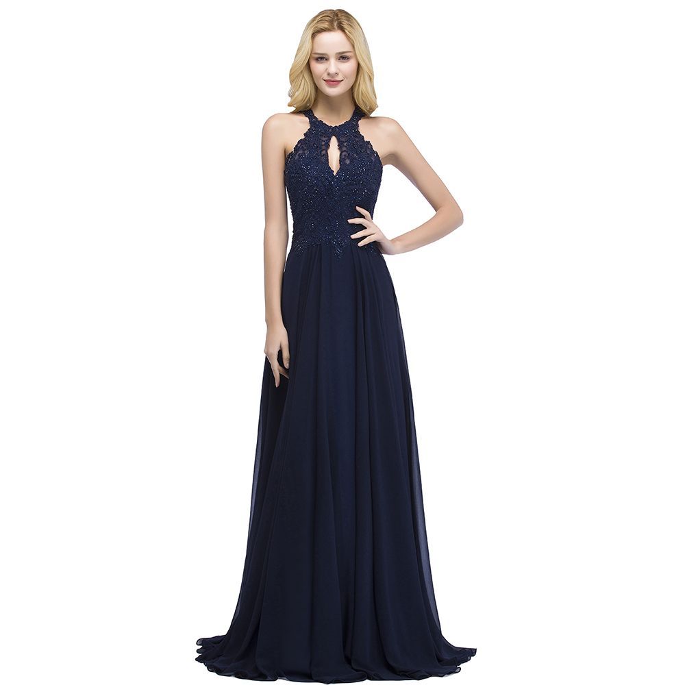Chicloth A-line Keyhole Neckline Halter Long Beading Prom Dress