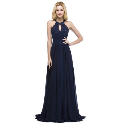 Chicloth A-line Keyhole Neckline Halter Long Beading Prom Dress