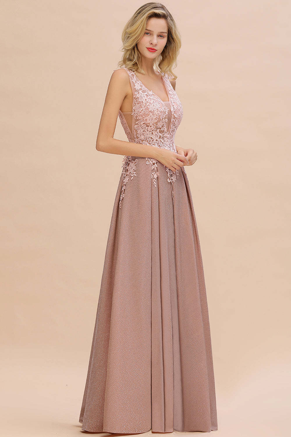 Chicloth Dusty Pink V-Neck Long Prom Dress With Lace Appliques Online