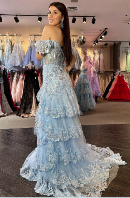 Off-the-shoulder Sweetheart Tulle Sequins Split Front A-Line Prom Dresses