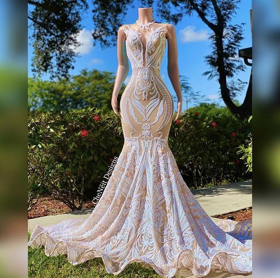 White Sequin Sparkle Mermaid Prom Dress with Court Train