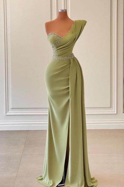 Chicloth Sage Green One Shoulder Mermaid Prom Dress Long With Ruffles