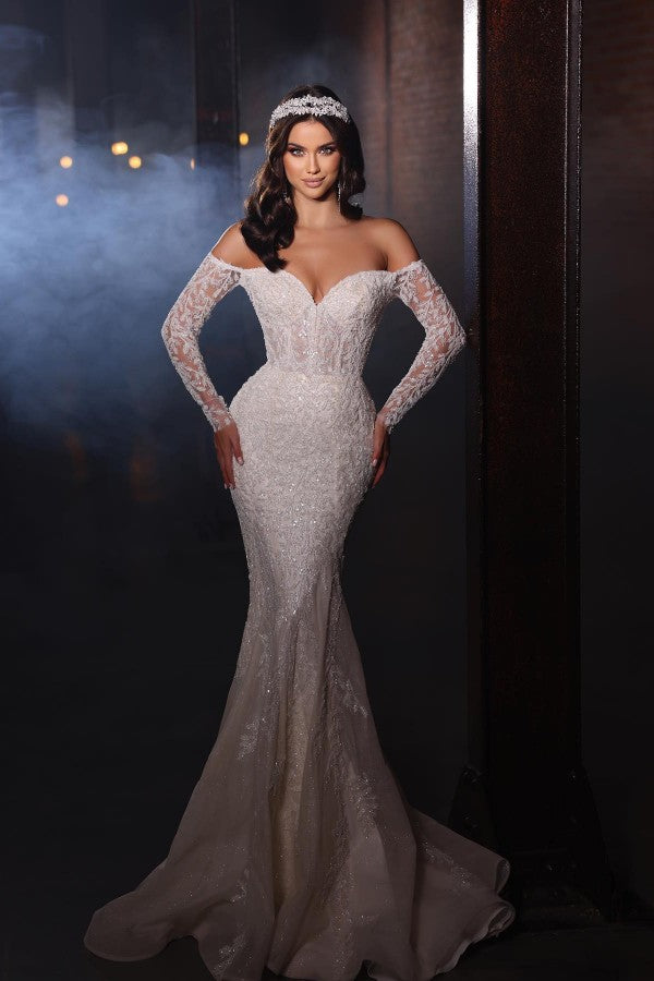 Chicloth Long Sleeves Wedding Dress Lace Mermaid With Detachable Skirt