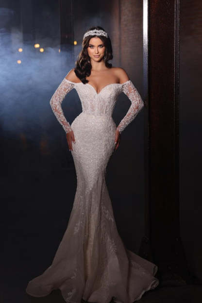 Chicloth Long Sleeves Wedding Dress Lace Mermaid With Detachable Skirt