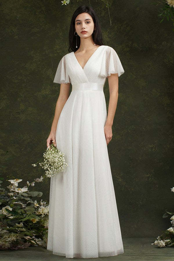 Chicloth Short Sleeves White Birdesmaid Dress Long Chiffon V-Neck