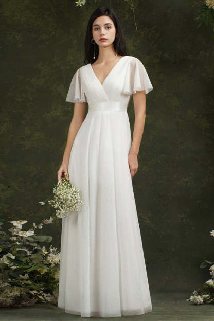Chicloth Short Sleeves White Birdesmaid Dress Long Chiffon V-Neck