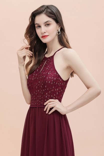 Chicloth Glamorous Halter A-line Bridesmaid Dress Chiffon Sequins Elegant Party Maxi Dress