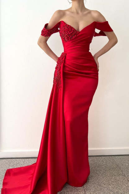 Chicloth Red Off-the-Shoulder Prom Dress Mermaid With Ruffles