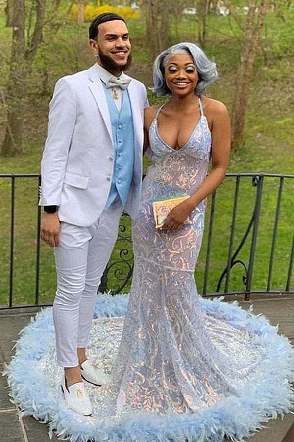 Chicloth V-Neck Sleeveless Prom Dress Mermaid Sequins With Feather