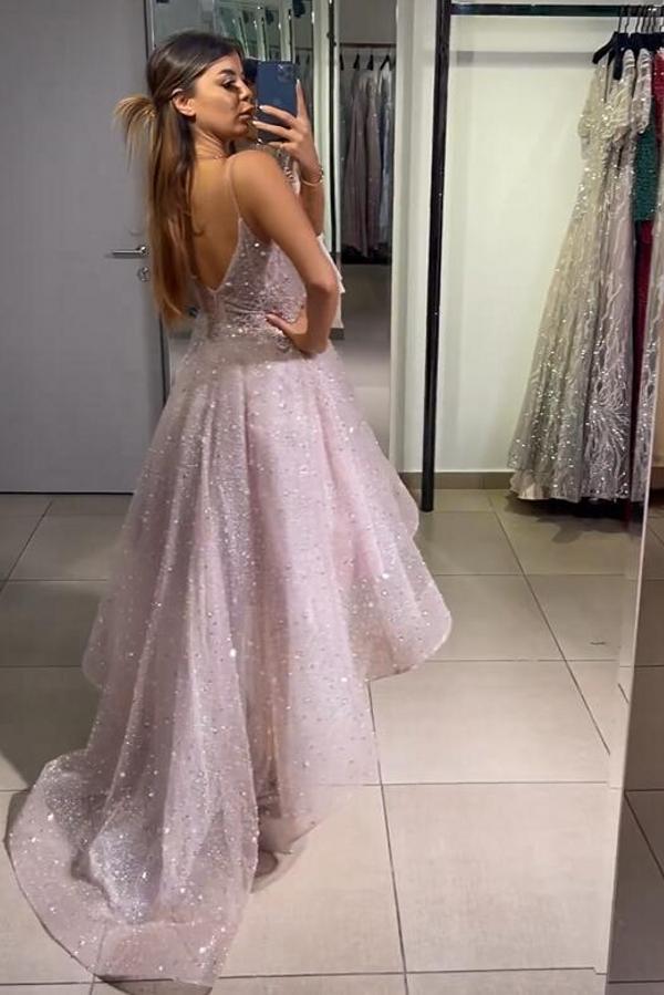 Chicloth V-Neck Sleeveless Daffodil Prom Dresses Hi-Lo With Sequins Beads