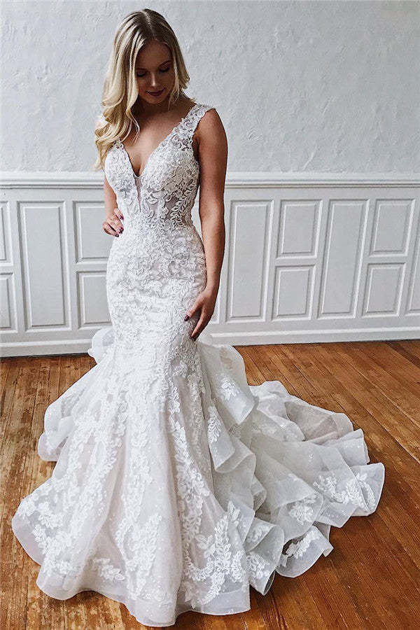 Chicloth V-Neck Mermaid Lace Wedding Dress With Ruffles