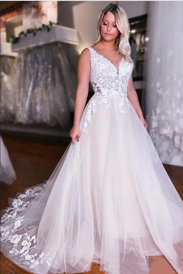 Fashion Straps Lace A Line Wedding Dress Backless Wedding Gowns