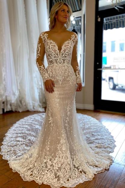 Chicloth Long Sleeves Mermaid Wedding Dress Lace V-Neck