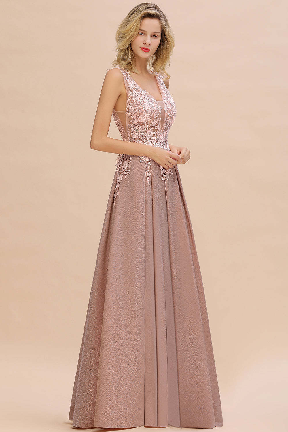 Chicloth Dusty Pink V-Neck Long Prom Dress With Lace Appliques Online