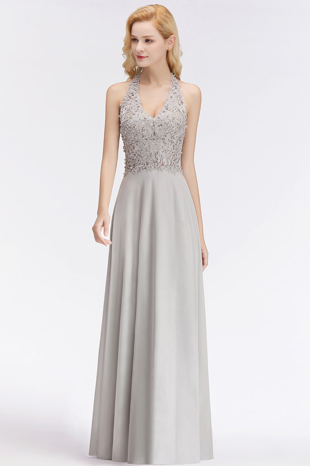 Chicloth A-line Halter Chiffon Lace Bridesmaid Dress with Beadings