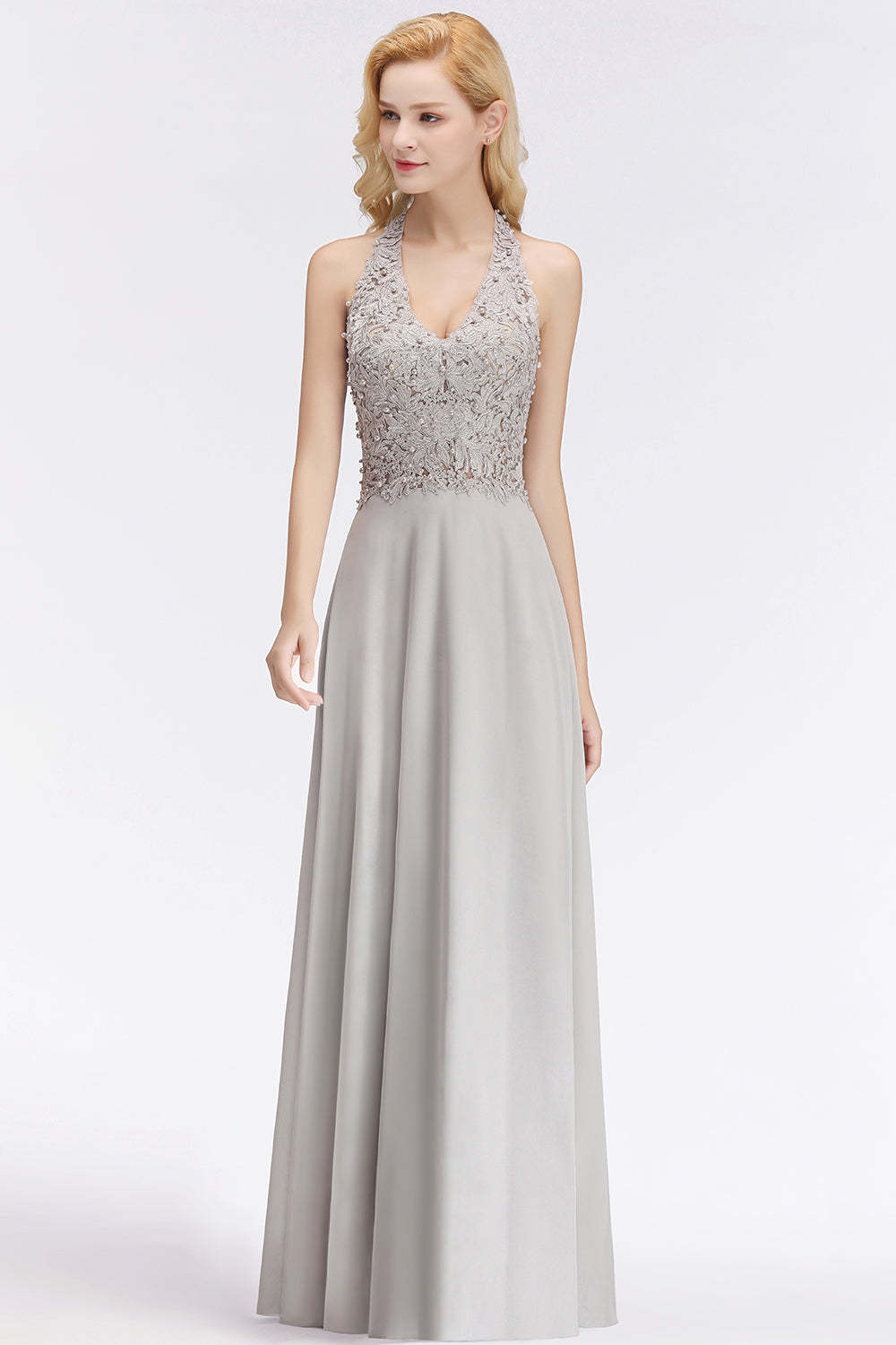 Chicloth A-line Halter Chiffon Lace Bridesmaid Dress with Beadings