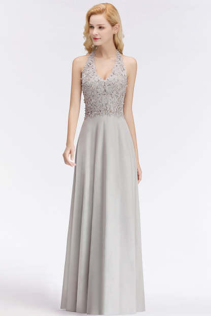 Chicloth A-line Halter Chiffon Lace Bridesmaid Dress with Beadings