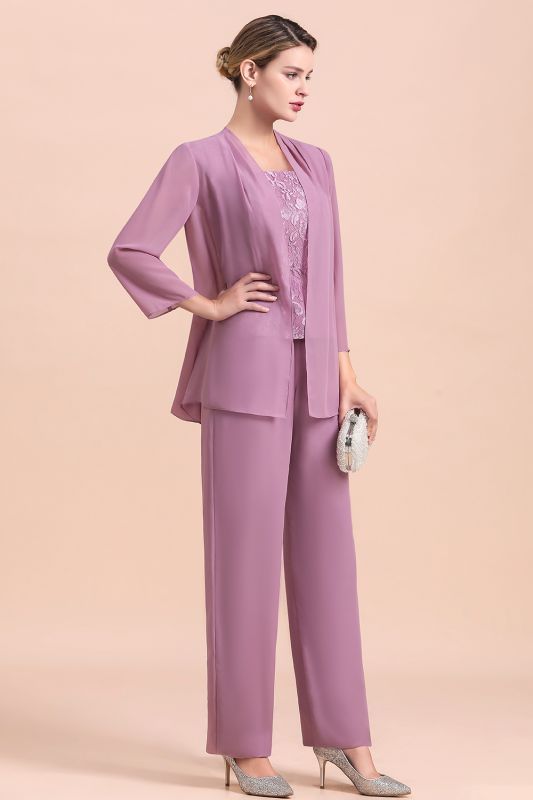 Chiffon 3 Pieces Mother of the Bride Dress Scoop Neck Floral Lace Lilac Jumpsuit Wedding Guest Dress
