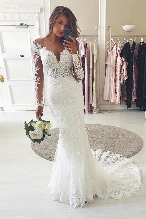 Chicloth Long Sleeves Lace Wedding Dress Mermaid V-Neck