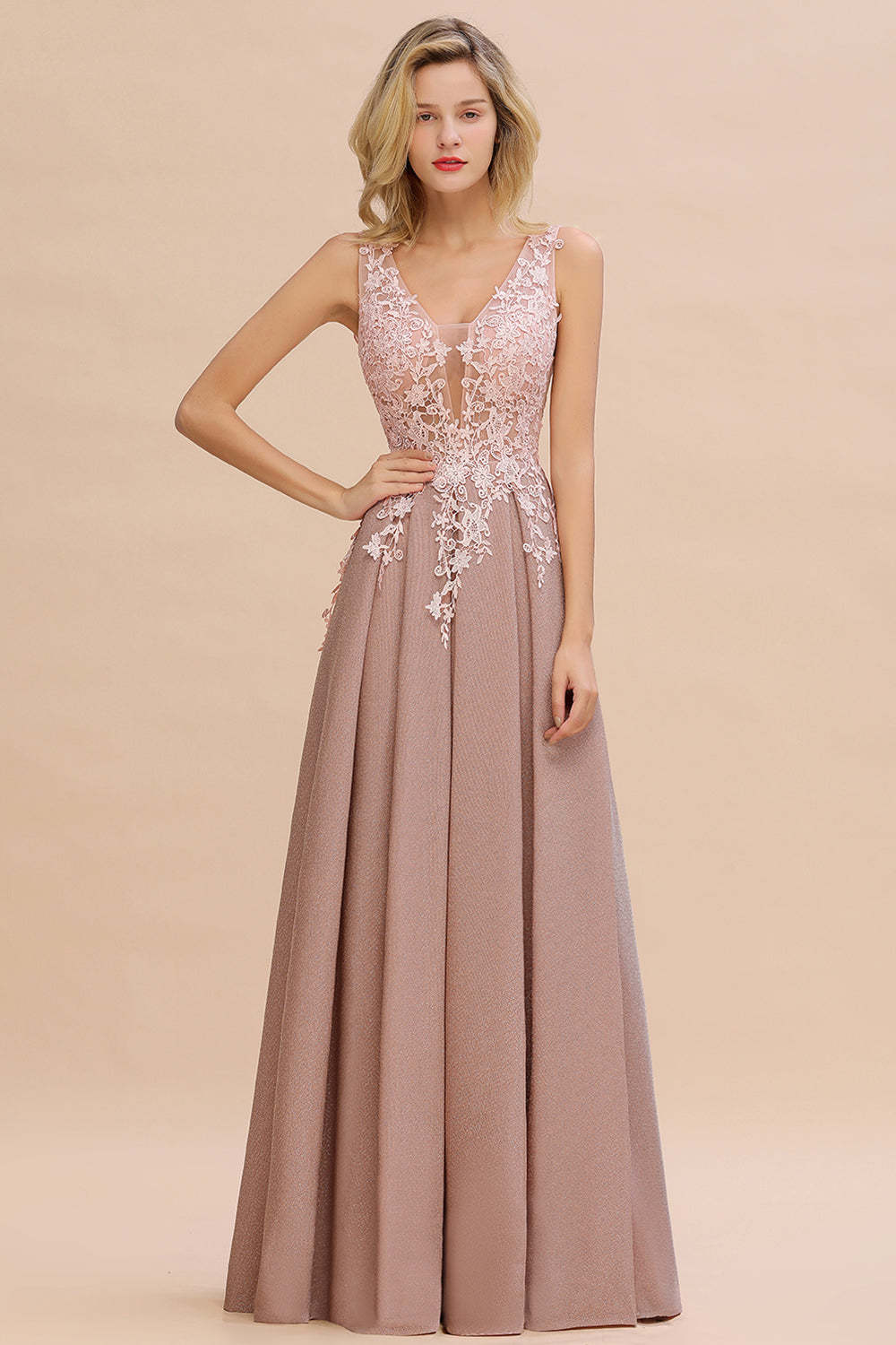 Chicloth Dusty Pink V-Neck Long Prom Dress With Lace Appliques Online