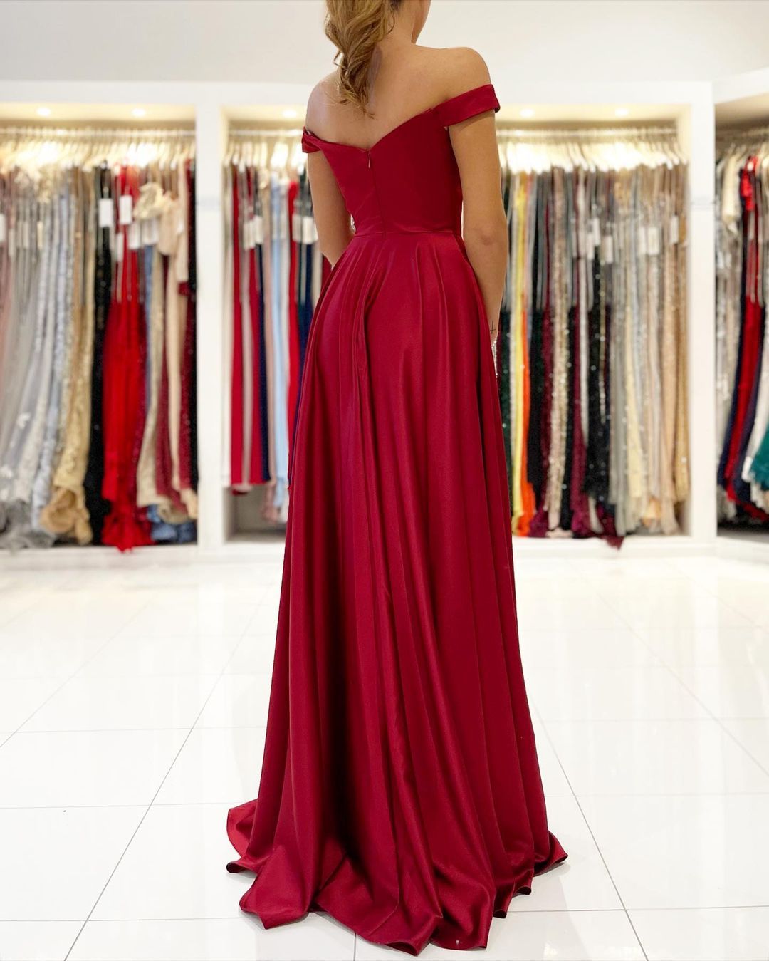 Chicloth Off-the-Shoulder Burgundy Prom Dress Long With Split