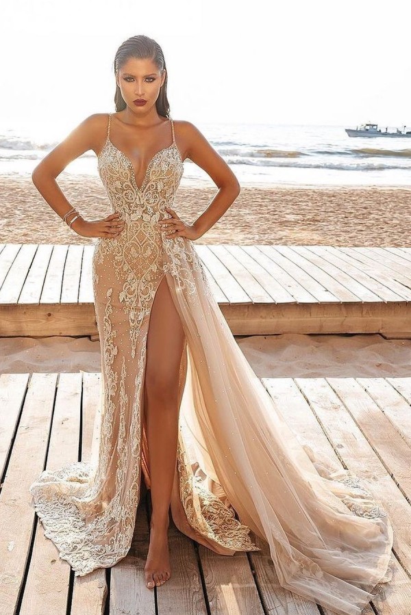 Lace High Split Half Train Pink Long Tulle Prom Dress