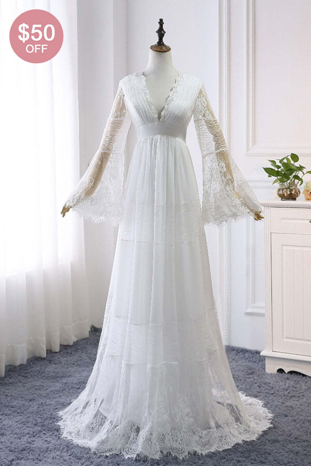 Chicloth Chic Empire Lace Tulle Wedding Dress Long Sleeves V-Neck Appliques Bridal Gowns On Sale