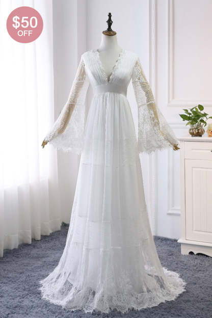 Chicloth Chic Empire Lace Tulle Wedding Dress Long Sleeves V-Neck Appliques Bridal Gowns On Sale