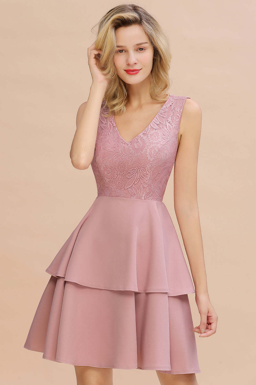 Chicloth Lovely Sleeveless Lace Short Prom Dress Mini Party Gowns With Two Layers