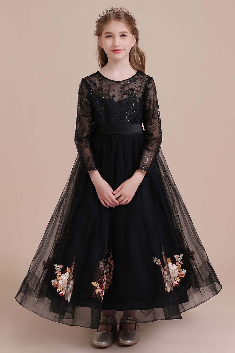 Chicloth A-Line Embroidered Long Sleeve Tulle Flower Girl Dress On Sale
