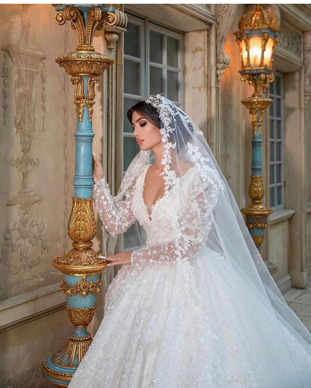 Chicloth Long Sleeves Ball Gown Wedding Dress Appliques V-Neck Bridal Gown