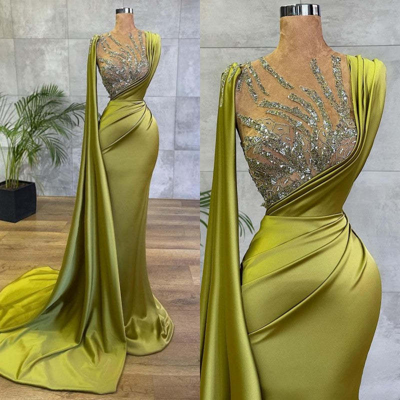 Chicloth Mermaid Beadings Prom Dress Long With Ruffle