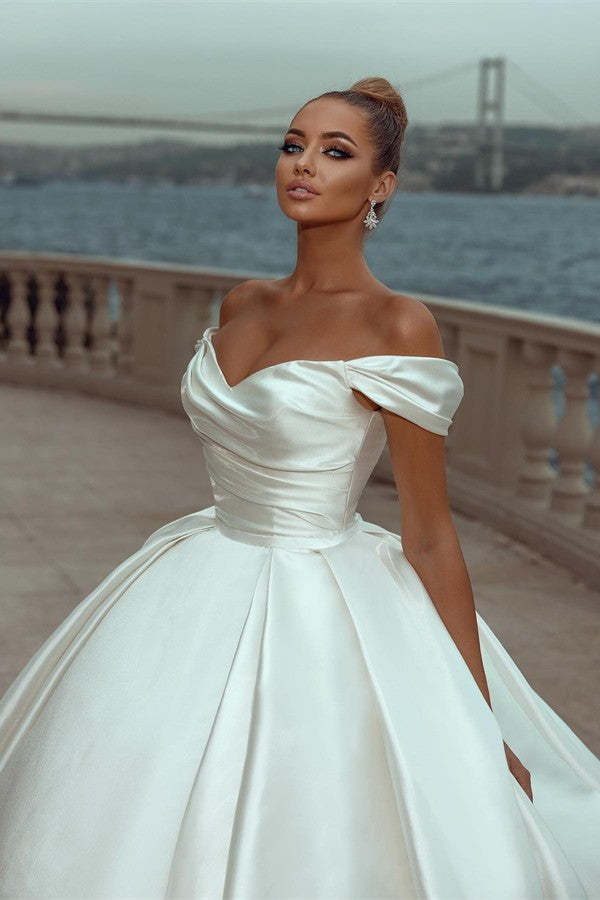 Chicloth Off-the-Shoulder Ball Gown Wedding Dress Ivory Satin Bridal Wear