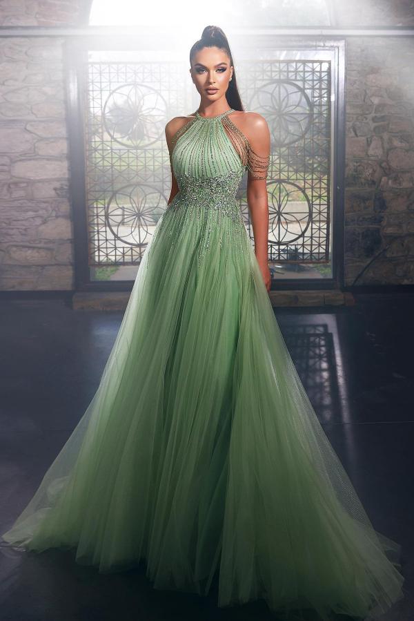 Halter Sparkle Green Tulle Keyhole Floor Length Prom Dress