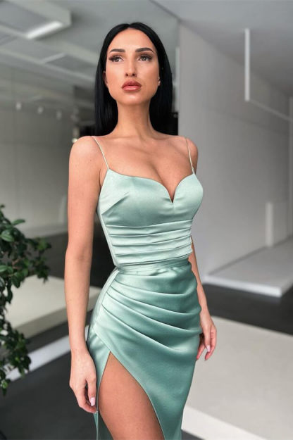 Chicloth Dusty Sage Spaghetti-Straps Prom Dress Mermaid Long With Split